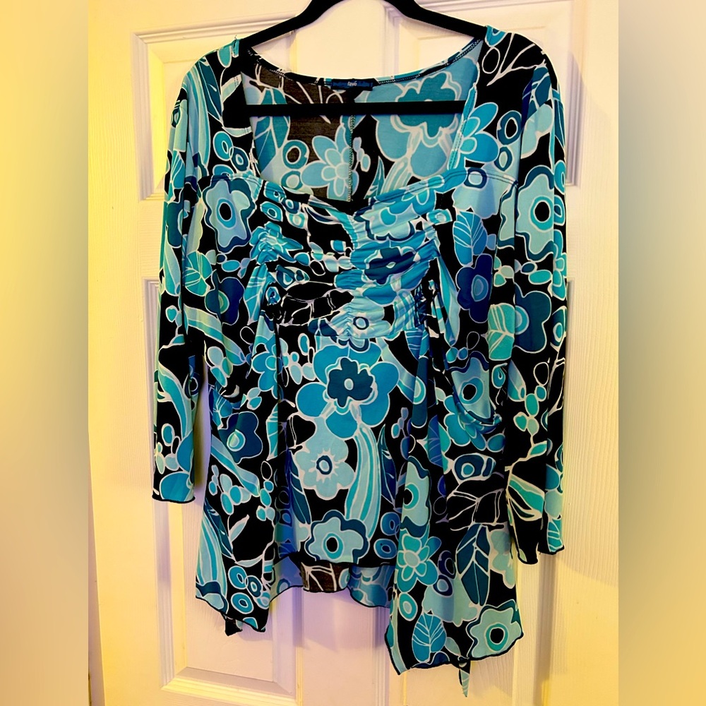 Fave - XL - Blue Black Floral Groovy Long Sleeve Blouse Top/Shirt